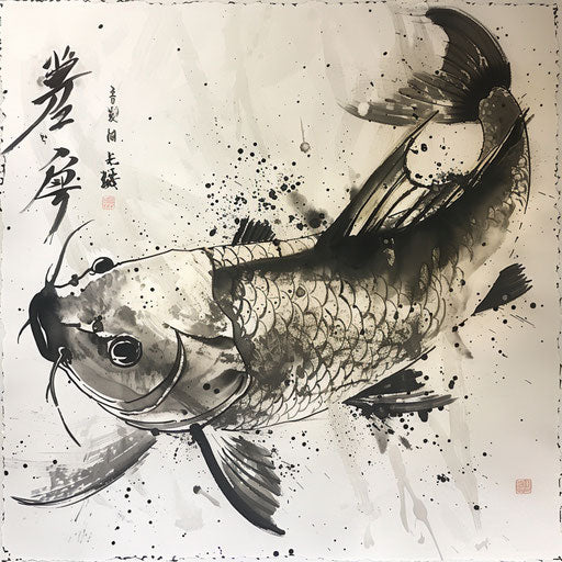 Vibrant Japanese koi fish tattoo art in black ink on white canvas