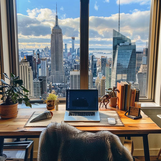Cozy office nook with city skyline view