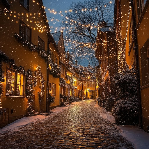 Cobblestone street in historic village lit by thousands of Christmas lights