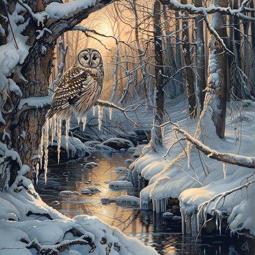 Spotted owl by frozen stream, hanging icicles, winter glow