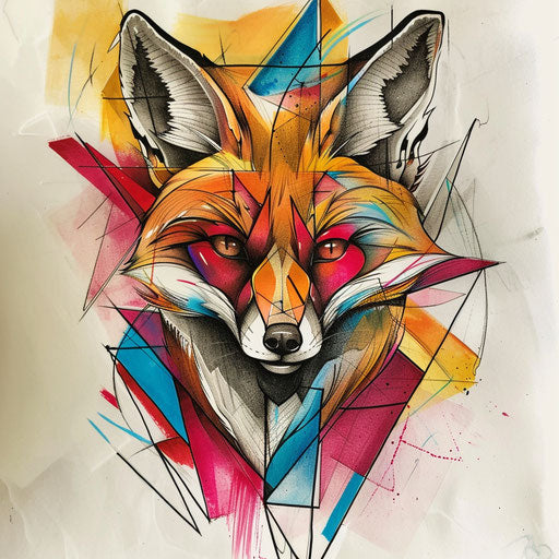 Abstract sketch of a silver fox with geometric shapes in vivid hues