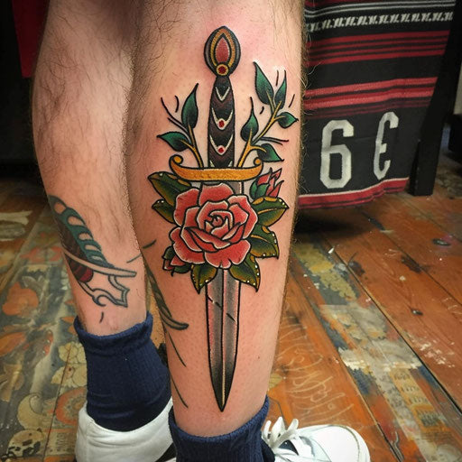 Rose tattoos for men in the style of Sailor Jerry featuring a rose and dagger