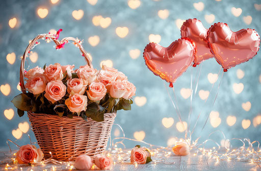 Valentine's Day backdrop, heart-shaped balloons and roses in a basket, background for photography, flowers and lights 29:19