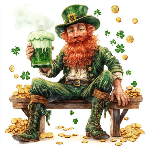 St. Patrick's Day leprechaun with red beard, sitting on bench drinking beer and holding large mug of green frothy beer, surrounded by shamrocks, gold coins in background, white background