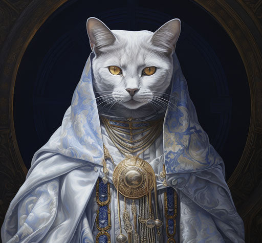 A grey cat on white background, light indigo and dark gold style