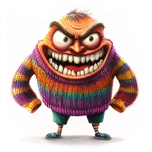 Humorous caricature of an ugly sweater clipart with exaggerated frowning mouth, thin arms, vibrant colors, cartoon style, laughing, high resolution, isolated