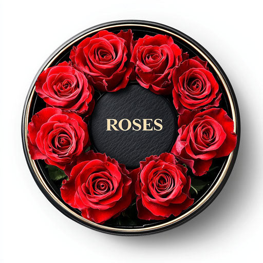 30 red roses in a round black box with the 'ROSES' logo