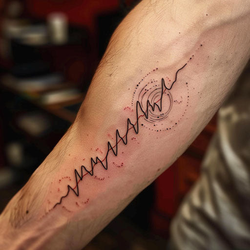 Flat tattoo sketch of an EKG heartbeat line with a subtle red glow