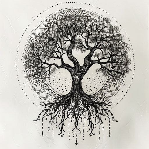 Mandala tree of life, circles and symmetry around the tree