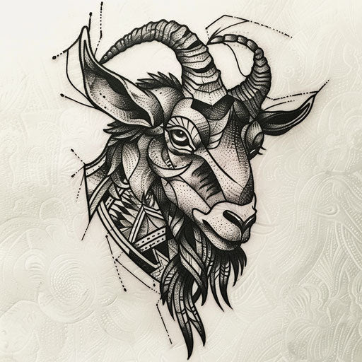 Blackwork goat tattoo with heavy filling and creative patterns