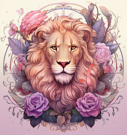 Flowers and lion in whimsical and fantastical style
