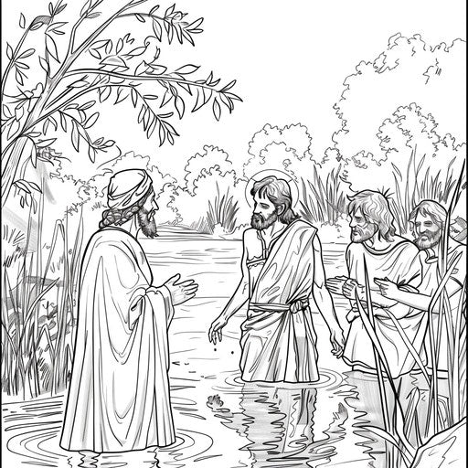 Jesus' baptism in the Jordan River. Coloring page