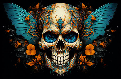Orange and blue skull moth tattoo design in turquoise and bronze style