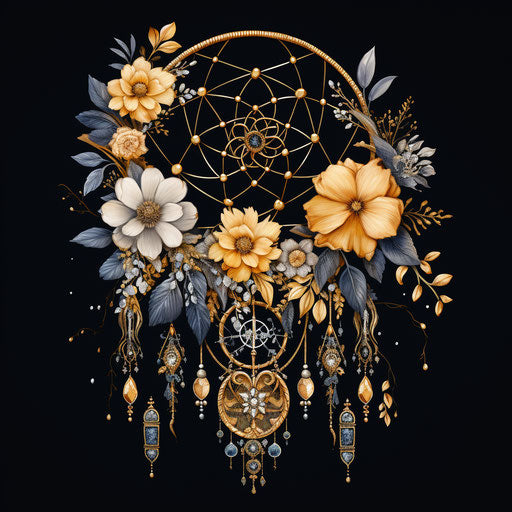Dream catcher with golden flowers and white triangle, stipple style