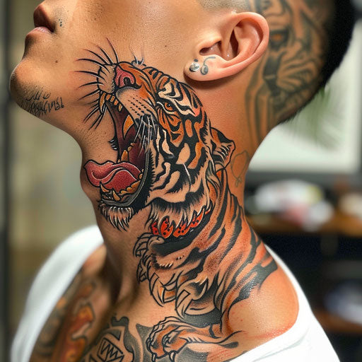 Tiger side neck tattoos, Ed Hardy style