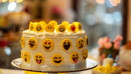 Festive cake with emojis to celebrate love and joy