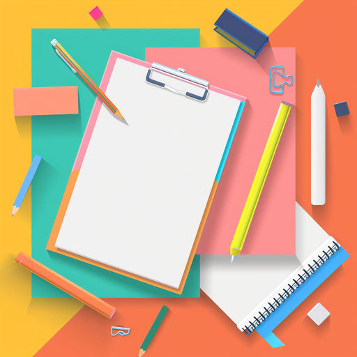 Stationery clipart in photo-realistic style with a flat random background, high contrast and saturated hues