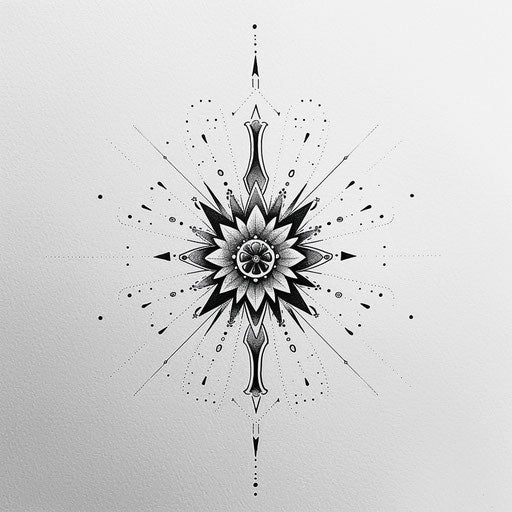 Energetic flat tattoo of a sunburst pattern using dots for rays