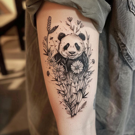Wildflower tattoo with panda, black and white with touches of green, bamboo elements