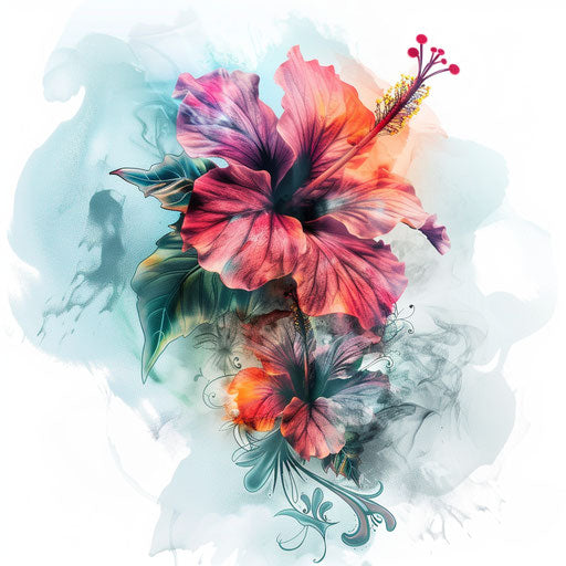Fantasy hibiscus tattoo on mystical white fog background