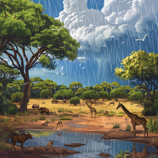 Animals in the savannah under the first rain after the drought
