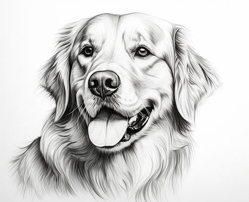 Drawing of golden retriever dog in clean and sharp inking
