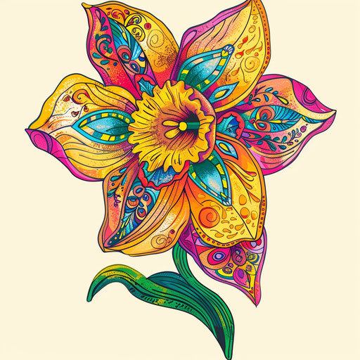 Flat tattoo sketch of daffodil with paisley patterns