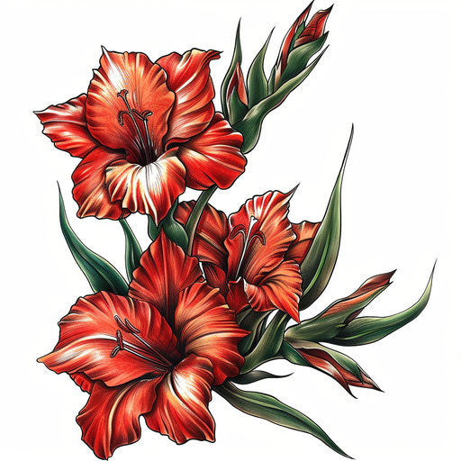 Vibrant gladiolus flower tattoo design with rich red and green colors on pure white background