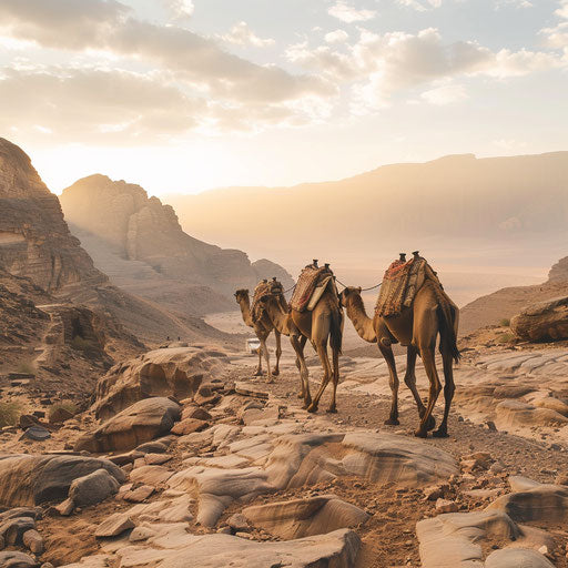Camels navigating a rocky desert terrain, showcasing their adaptability