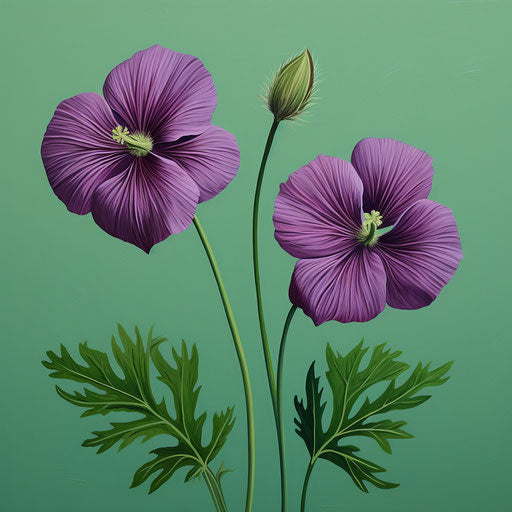 Two purple flowers on green background, in natural materials, paleocore, sleek