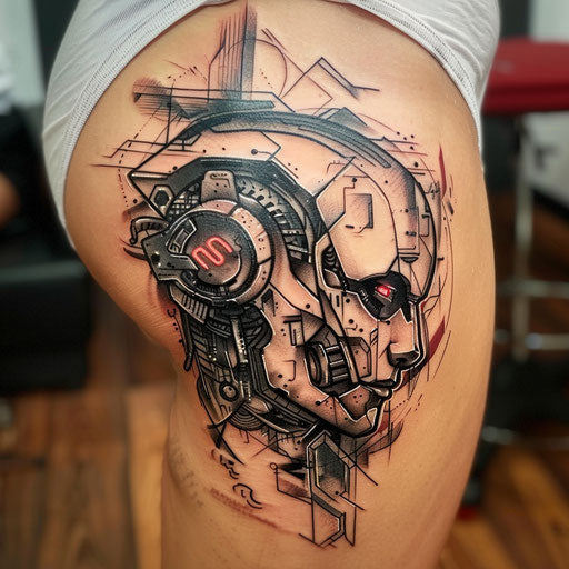 Hip tattoo of a futuristic robot, Humberto Ramos style