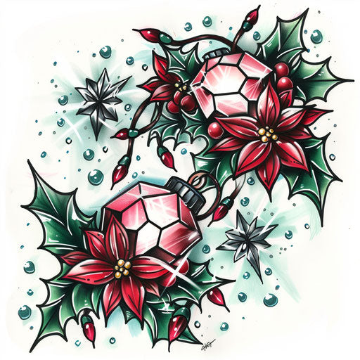 A festive sketch of a ruby with holiday lights and snowflakes