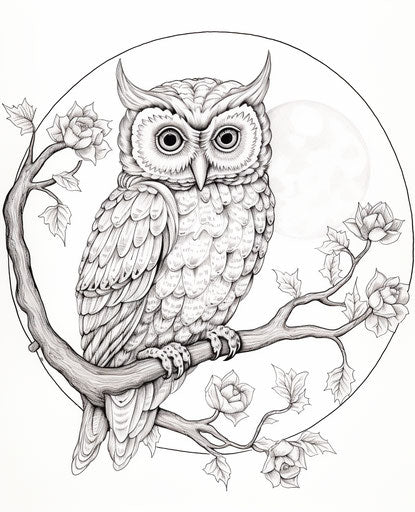 Owl embroidery pattern and moon coloring page, captivating 25:31