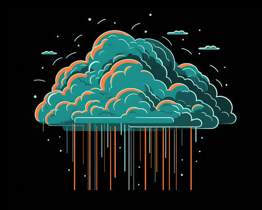 Rain cloud with lightning and drops, turquoise and orange