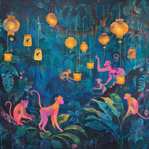 A vibrant celebration of monkeys parading with lanterns