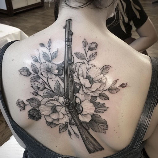 Ink wash tattoo of historic musket surrounded by peonies, grayscale on white rice paper texture