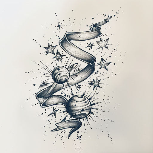 Celestial-themed ribbon tattoo sketch