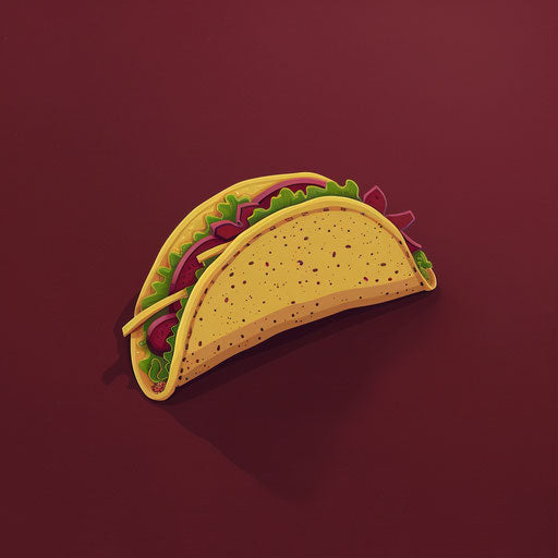 Deep maroon flat background with photo-realistic taco clipart, highlighted by dynamic shadows and bright highlights