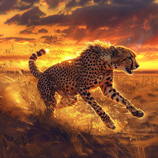 Cheetah race against the wind on the African savannah at sunset