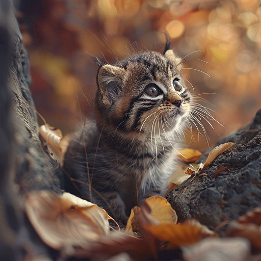 A Pallas's cat kitten curiously inspects its surroundings