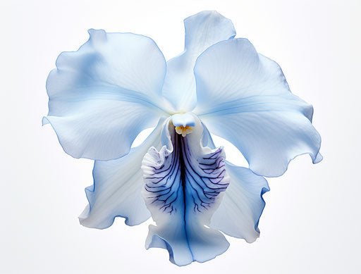 Blue orchid blossom on white background, tamron sp 70-200mm f/2.8 di vc usd g2 style