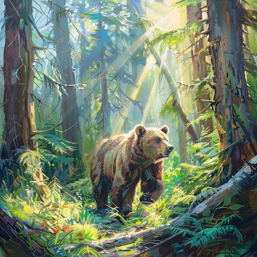 Grizzly bear in a vibrant forest with sunlight