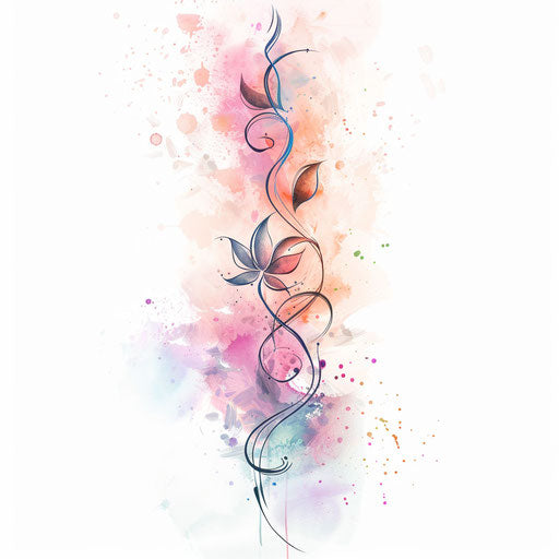 Delicate unalome tattoo design with watercolor splashes