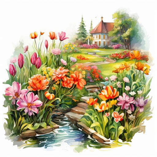 Garden illustration in the style of Oil painting, on a white background