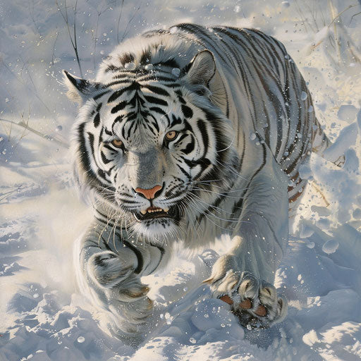The intense hunt of a white tiger through a snowy terrain