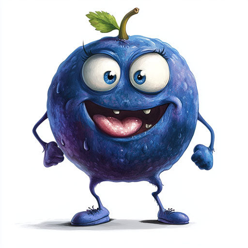 Humorous cartoon of a blueberry caricature with human characteristics