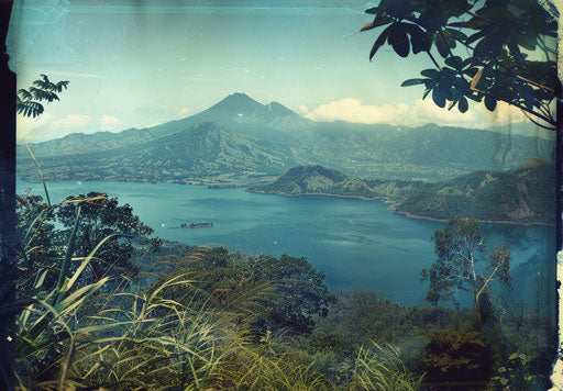 View of Lake Batur from the top, with Mount Agung in the background