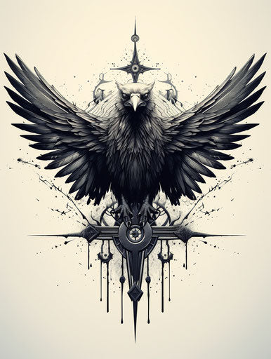An ancient crow in black geometric tattoo style 46:61