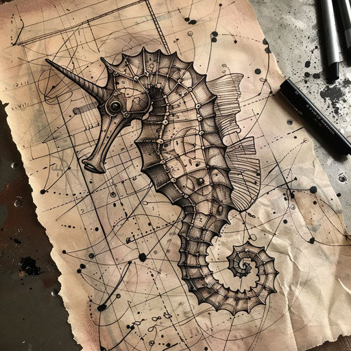 Rustic seahorse tattoo sketch with woodcut lines and earth tones