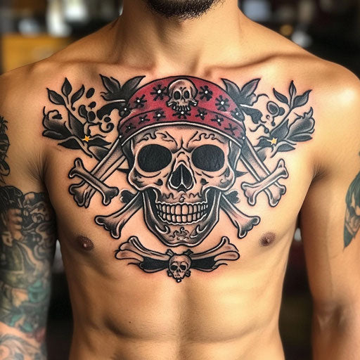 Detailed pirate skull chest piece tattoo with crossbones in Sailor Jerry style